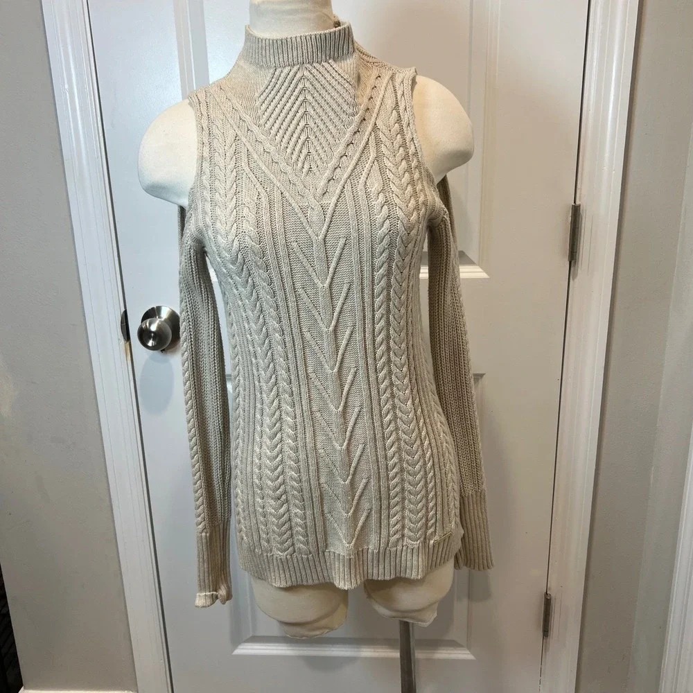Michael Kors Womens Sweater Cold Shoulder Cable Knit Beige Size S